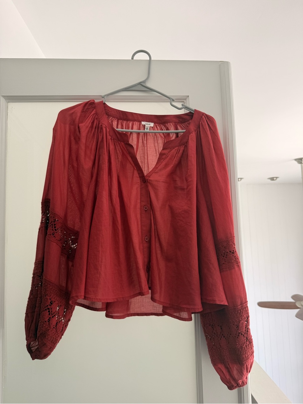 aerie Rust Red Button-Front Boho Blouse